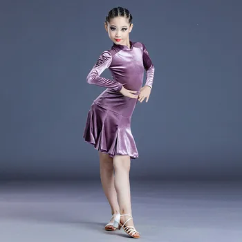 Yeni Çocuk Latin Dans Elbise Sonbahar Kış Kadife Uzun Kollu Bölünmüş Üstleri Etek Takım Elbise Eğitim Kostüm Performans Dans Giyim