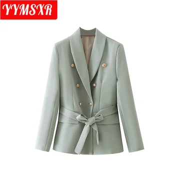 Kadın Blazer Ceket Sonbahar ve Kış Yeni Stil Avrupa Amerikan Düz Renk Takım Elbise Düğmesi Kemer Orta uzunlukta Bluz Gevşek Giysiler