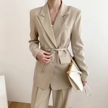 Comelsexy 2021 Yeni Sonbahar Kış Minimalist Blazer Kemer ile Tek Göğüslü Uzun Kollu Resmi Şık Kadın Ceket Dış Giyim Kadın