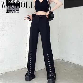 WHOHOLL Yüksek Bel Bölünmüş Pantolon kadın Yaz Yeni Ins Koyu Düz Rahat Pantolon Gotik Punk Pantolon Metal Toka