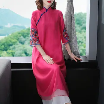 Çin Tarzı Elbise Kadınlar Vintage Zarif Nakış Erik Çiçeği Bayan Yarım Kollu Dantel Qipao Cheongsam Geliştirmek Kadın S-3xl