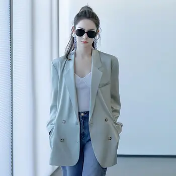 5039 Yüksek Moda Çentikli Kruvaze Blazer Ceket Cepler İle Bayan Yeni Rahat Zarif Katı Gevşek Fit Takım Elbise Giyim