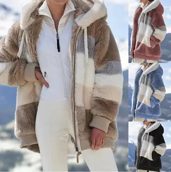 Kadın Kış Sıcak Rahat Peluş Mont Uzun Kollu Fermuar Kapşonlu Kabarık Ceketler Mont Bayanlar Moda Yün Karışımları Kalınlaşmak Giyim