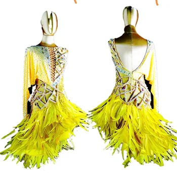 WHYNOT DANS Tüy Sarı Özelleştirilmiş Latin Chacha Dans Yarışması Elbise Parti Kostüm Kız veya Kadınlar için Hızlı Ücretsiz Kargo