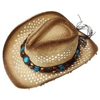 Yaz Erkek El Yapımı Rafya kovboy şapkası Unisex Saman Bohemia Tarzı Hollow Out Geniş Ağız Cowgirl Batı Spall Taş Örme Bant