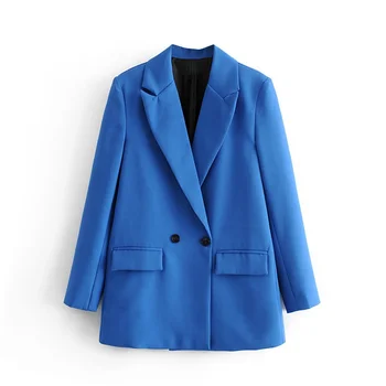 Kadın Şık Ofis Bayan Kruvaze Blazer Vintage Ceket Rahat Düz Renk Kruvaze Cep Dekoratif Şık Ceket