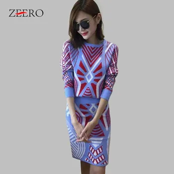 2020 Sonbahar Kış Kıyafetler Kadın Geometryt İki Parçalı Set Uzun Kollu Örgü Kazak + Etek Takım Elbise Rahat Uzun Kollu Örme Takım Elbise