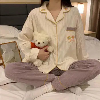 Kadınlar Sevimli Pijama Takım Elbise Uyku Seti Pamuk Gecelik Gecelik Ev Giysileri Baskı Pijama Samimi İç Çamaşırı 2 ADET Gömlek ve Pantolon