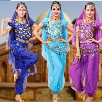 Hint Dans Sari Oryantal Dans Etek Takım Elbise Kadın Şifon 5 adet Bollywood Oryantal dans kostümü Seti