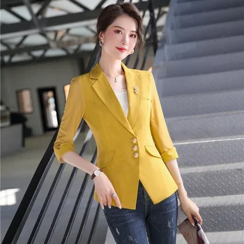 Yeni 2020 Moda Rahat Kadın Blazer ve Ceketler Sarı İnce Yarım Kollu Zarif Ofis Bayan İş Elbiseleri OL Üniformaları