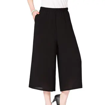Yaz Siyah Geniş Bacak Pantolon Orta Yaşlı Bayan Pantolon Pantolon İnce Vintage Gevşek Casual Bayanlar Yüksek Elastik Bel Pantolon Pantolon