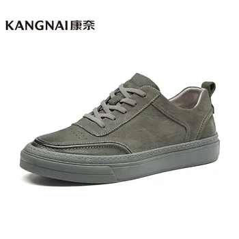 Kangnaı erkek ayakkabısı İnek Süet rahat ayakkabılar Dantel-Up Yuvarlak Ayak Kaykay Flats Moda Erkek Sneakers