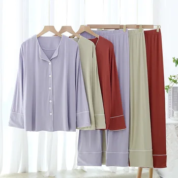 Bayanlar Modal Ev Tekstili Basit Dört mevsim İnce Kesit Giyilebilir Dış Hırka V Yaka Uzun kollu Pijama İki parçalı Set