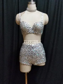 Kadın Şarkıcı Gece Kulübü Dans Gösterisi Sparkly giyim Seti Kristaller Bikini Moda Tasarım Taşlar Sutyen Kısa 2 Parça Set Kostüm