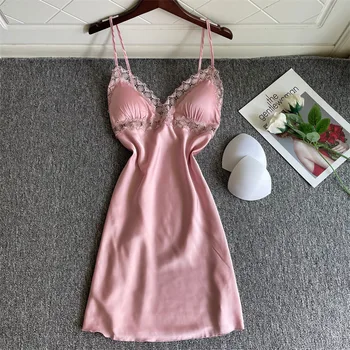 Saten Mini Gecelik Kadın İpeksi Uyku Elbise Seksi V Yaka Gecelik Yaz Spagetti Kayışı Pijama Dantel Trim Ev Elbise