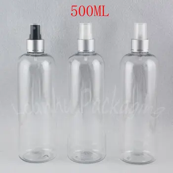 Gümüş Sprey Pompalı 500ML Şeffaf Plastik Şişe, 500CC Boş Kozmetik Konteyner, Su / Toner Ambalaj Şişesi