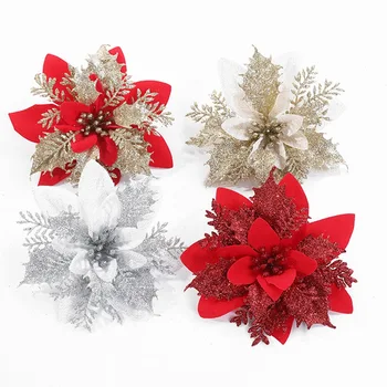 1 adet Merry Christmas Ağacı Süsleme Düğün yapay çiçekler Ev Dekorasyon İçin Noel Glitter Sahte Çiçek Kafa DIY
