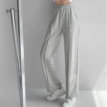 TVVOVVIN kadın moda Bahar yeni düz yüksek bel geniş bacak zayıflama elmas ekose gevşek rahat spor pantolon 9Q5S