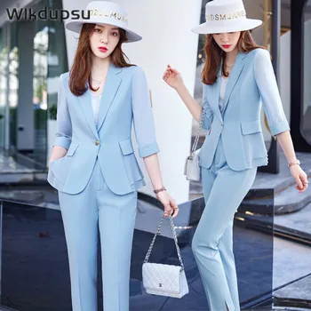 Yüksek kaliteli yay Yaz Blazer Takım Elbise Kadınlar İçin İki Adet Set Resmi Üç Çeyrek Kollu Üst Pantolon Ofis Bayanlar İş Elbisesi